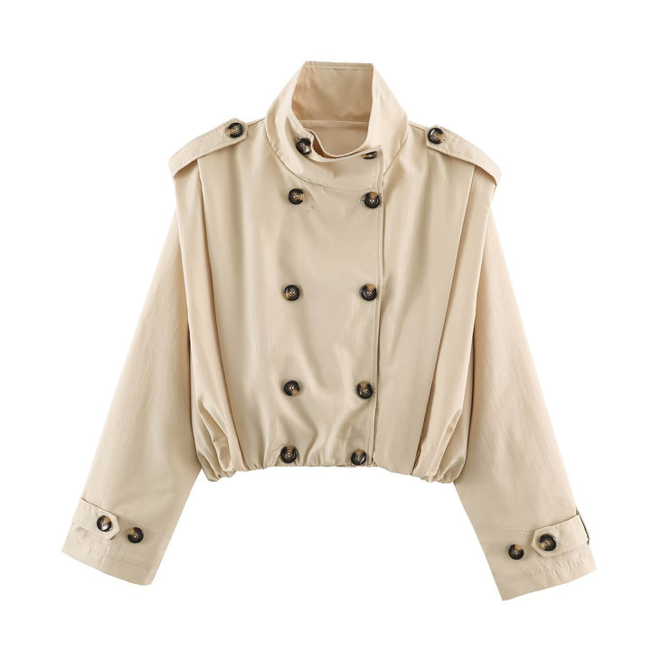 Damen Cropped-Trenchjacke im Blousonstil mit Stehkragen und doppelreihiger Knopfleiste Drune