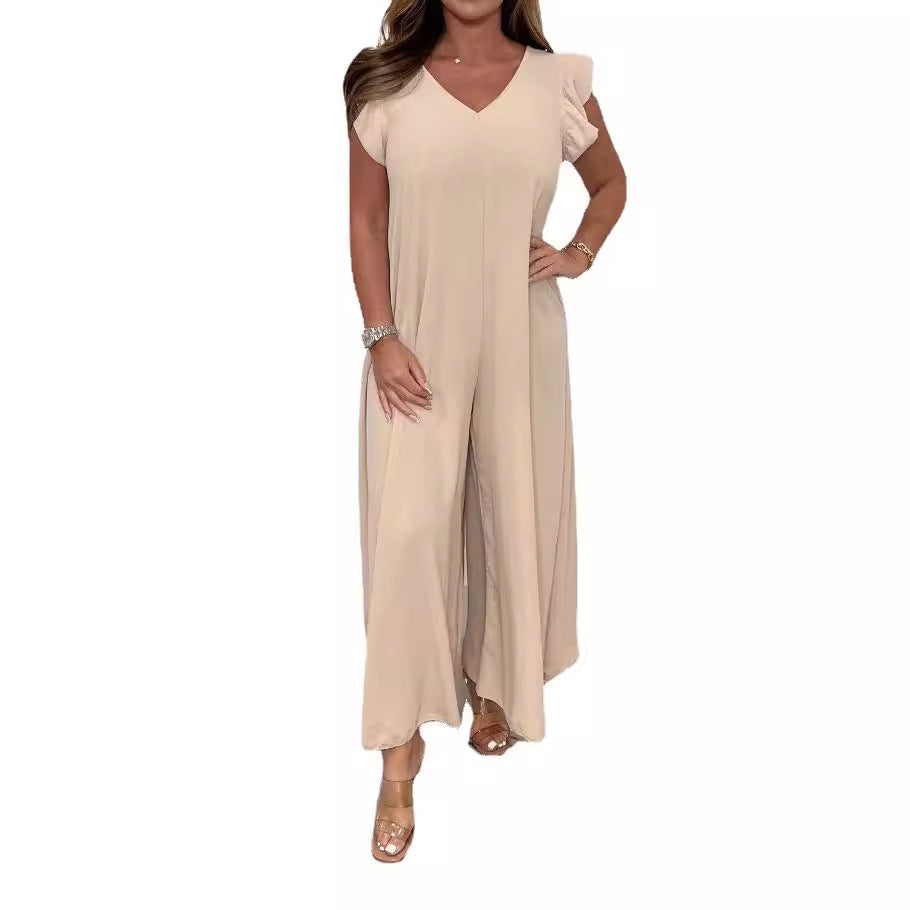 Damen gehobener Jumpsuit mit voluminösen Rüschenärmeln und V-Ausschnitt Drune