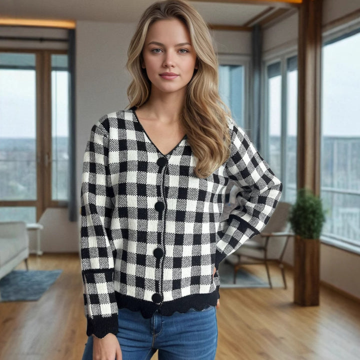 Damen lässige Strickjacke mit kräftigem Karomuster und modischen Knopfdetails Drune