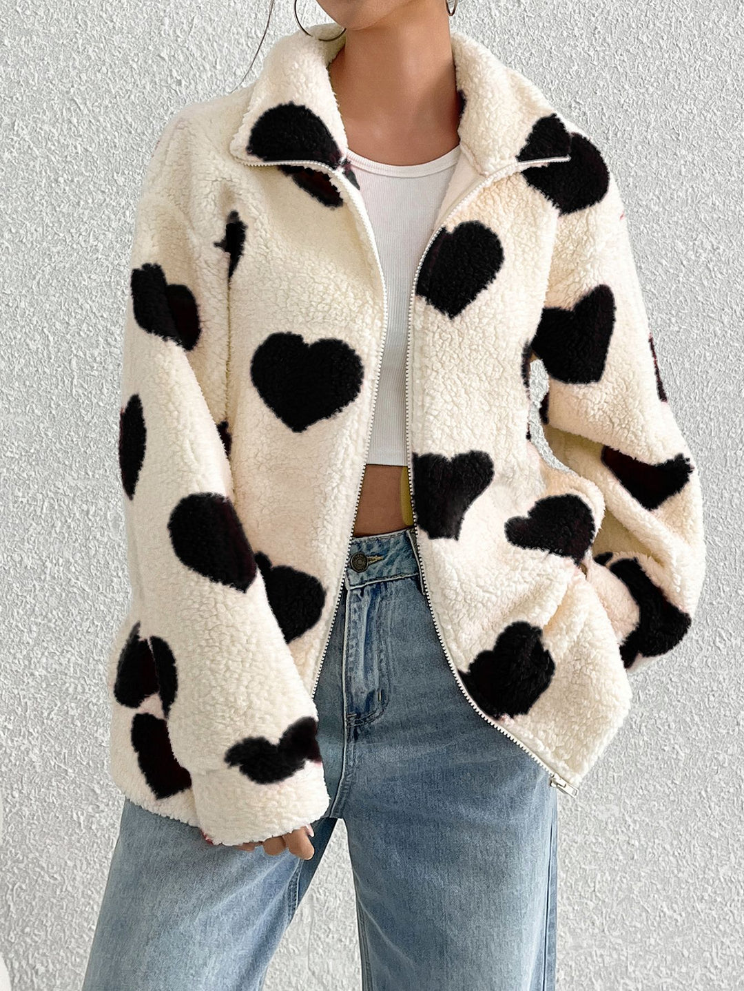 Damen Kuschelige Fleecejacke mit Herzdesign Drune