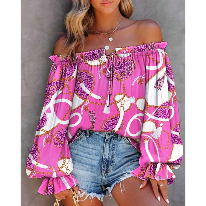 Damen Off-Shoulder Bluse mit buntem Muster und elastischem Saum Drune
