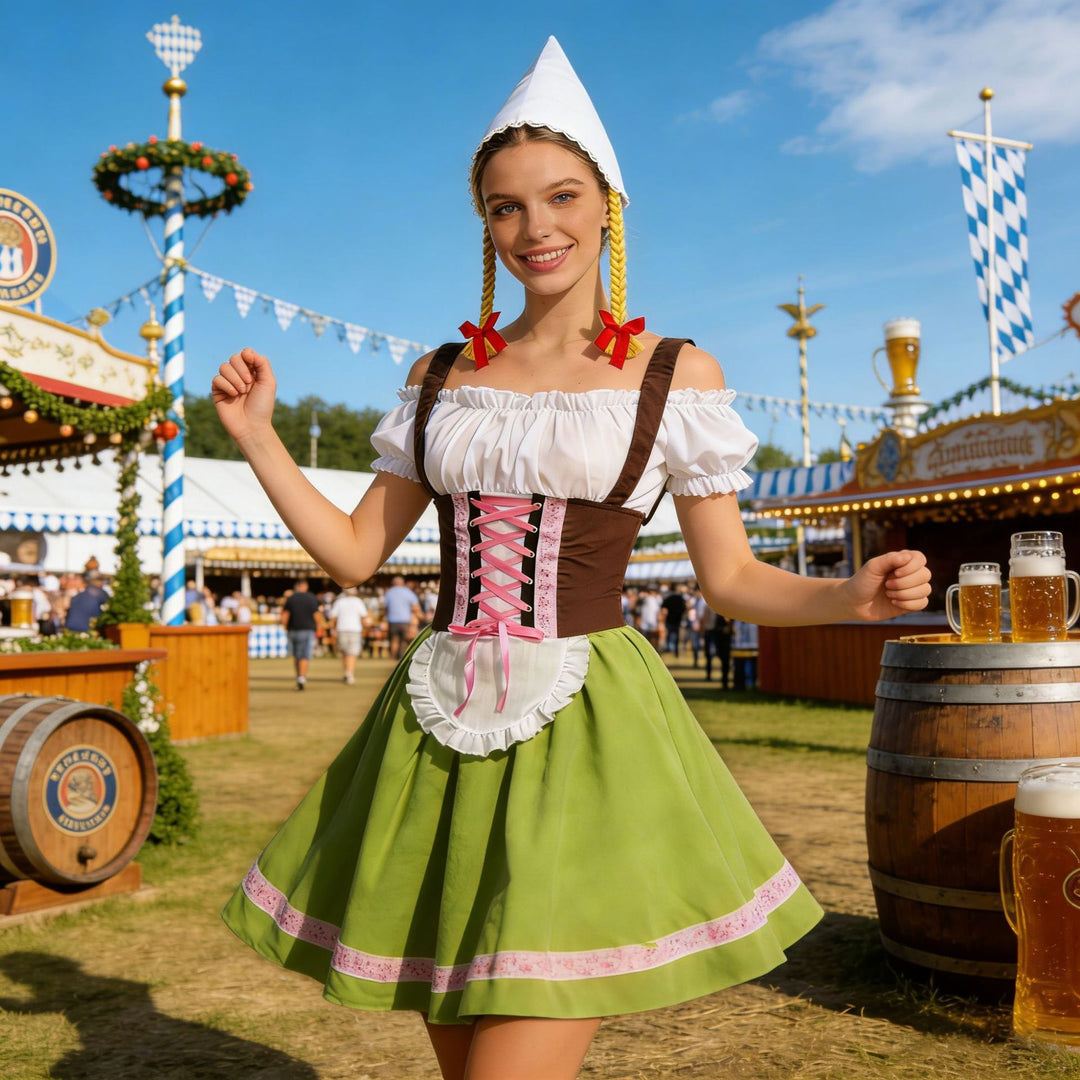 Damen nan traditionelles Dirndl-Kostüm mit Schnürung, Schürze und spitzem Kopftuch Drune