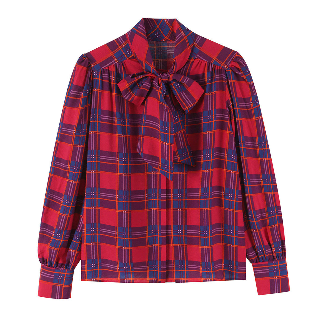 Damen Schluppenbluse mit Karo-Muster, Volumenärmeln und breiten Manschetten Drune