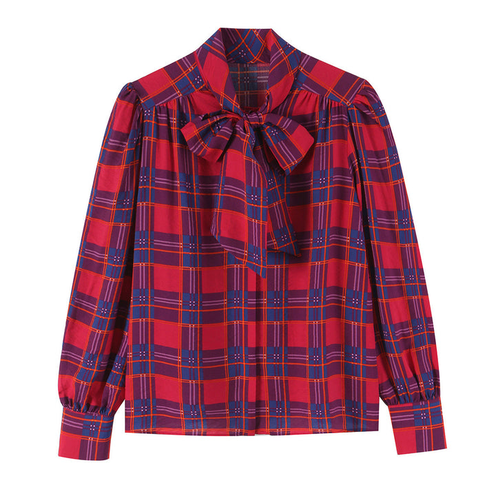 Damen Schluppenbluse mit Karo-Muster, Volumenärmeln und breiten Manschetten Drune