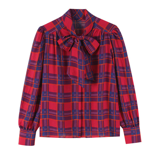 Damen Schluppenbluse mit Karo-Muster, Volumenärmeln und breiten Manschetten Drune