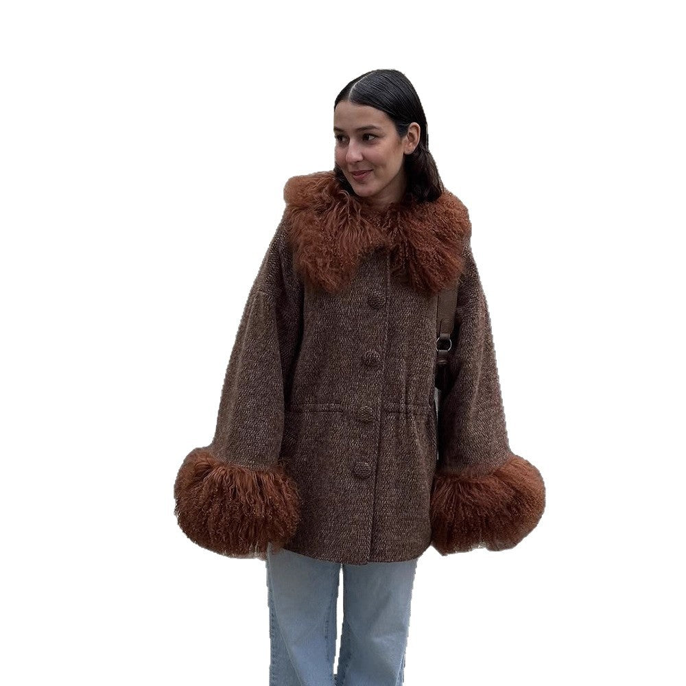 Damen Oversize Wollmix-Marka Mantel mit voluminösem Lammfellimitatkragen und extra weitem Ärmelabschluss Drune