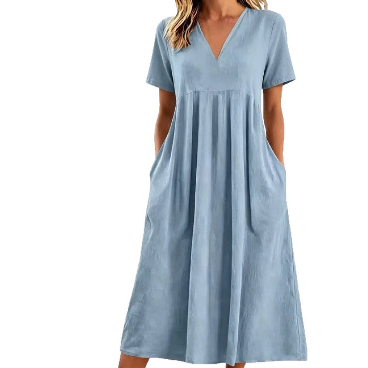 Damen nan legeres V-Ausschnitt-Midikleid mit Eingrifftaschen und geraffter Empirenaht Drune