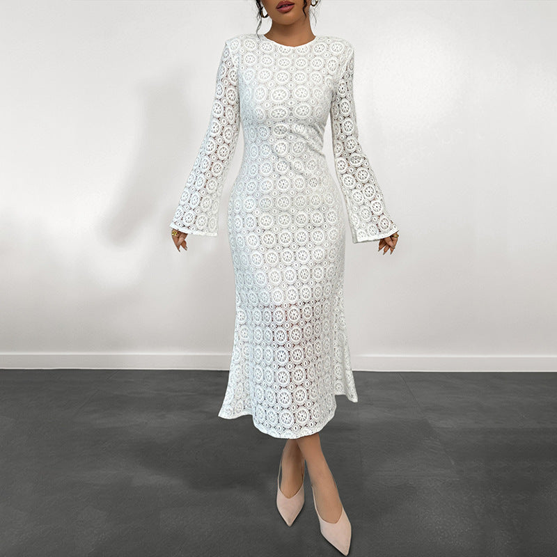 Damen Midikleid aus gehäkelter Spitze mit Trompetenärmeln Drune