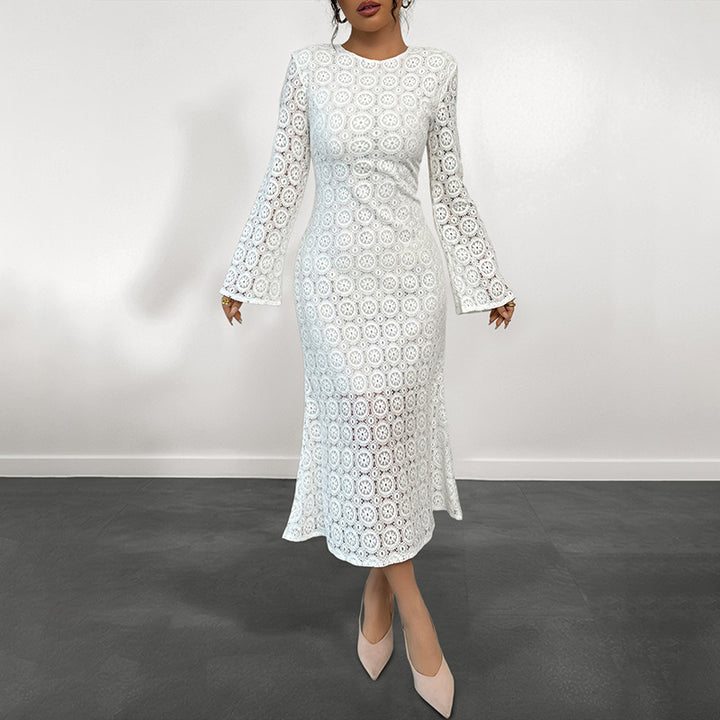 Damen Midikleid aus gehäkelter Spitze mit Trompetenärmeln Drune