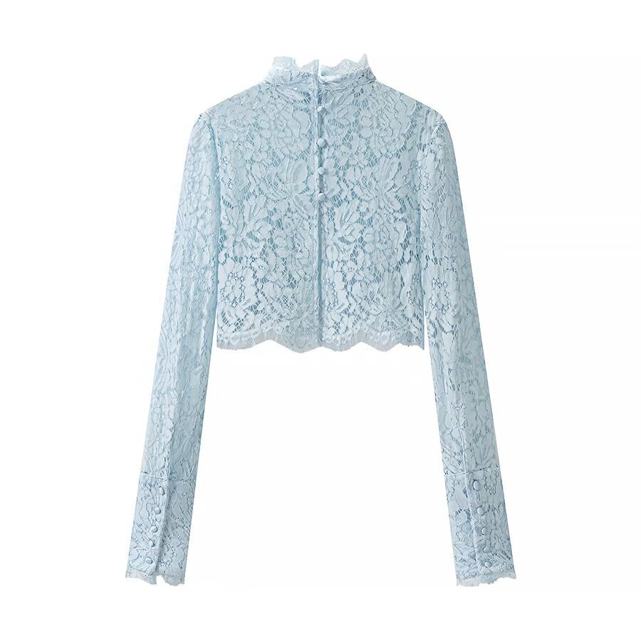 Damen Cropped-Spitzenoberteil mit Stehkragen und langen Ärmeln Drune