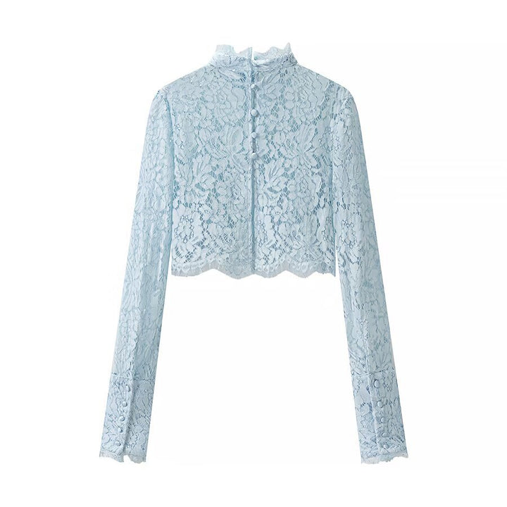 Damen Cropped-Spitzenoberteil mit Stehkragen und langen Ärmeln Drune