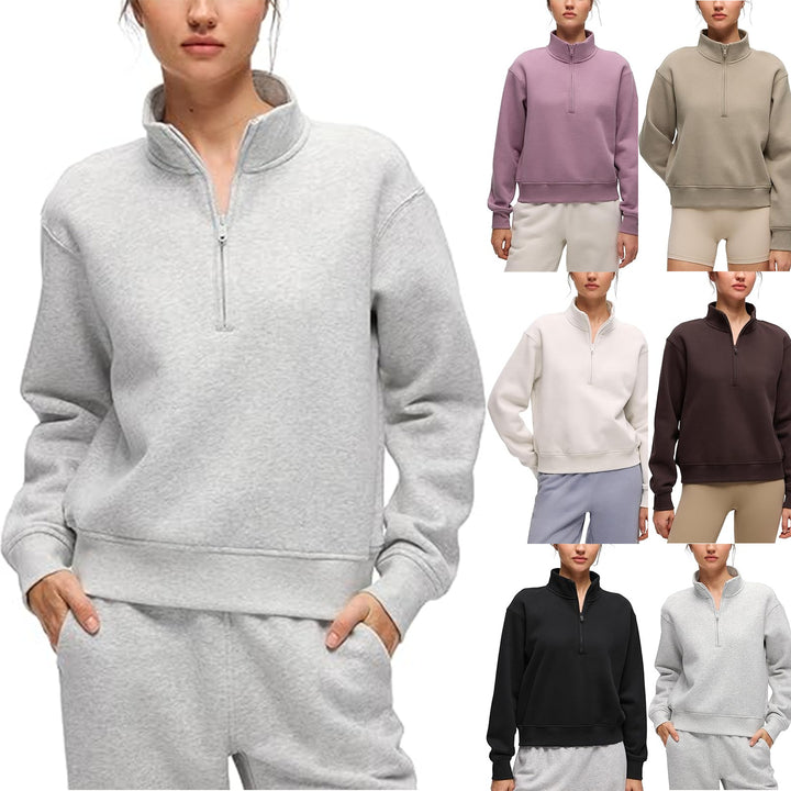 Damen Oversize-Sweatshirt mit halbem Reißverschluss, Stehkragen und Rippbündchen Drune