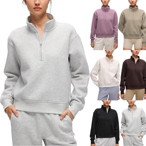 Damen Oversize-Sweatshirt mit halbem Reißverschluss, Stehkragen und Rippbündchen Drune