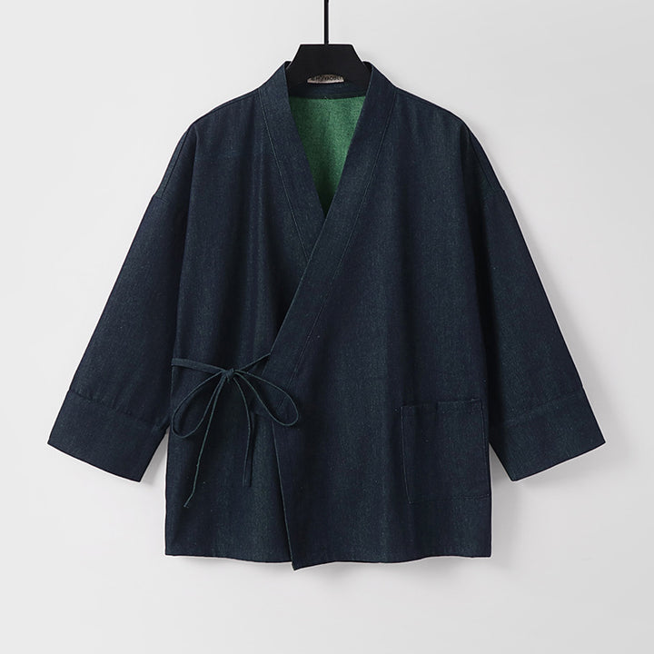 Damen Leichte zweifarbige Kimono-Jacke mit Bindebändern und kontrastiertem Innenfutter Drune
