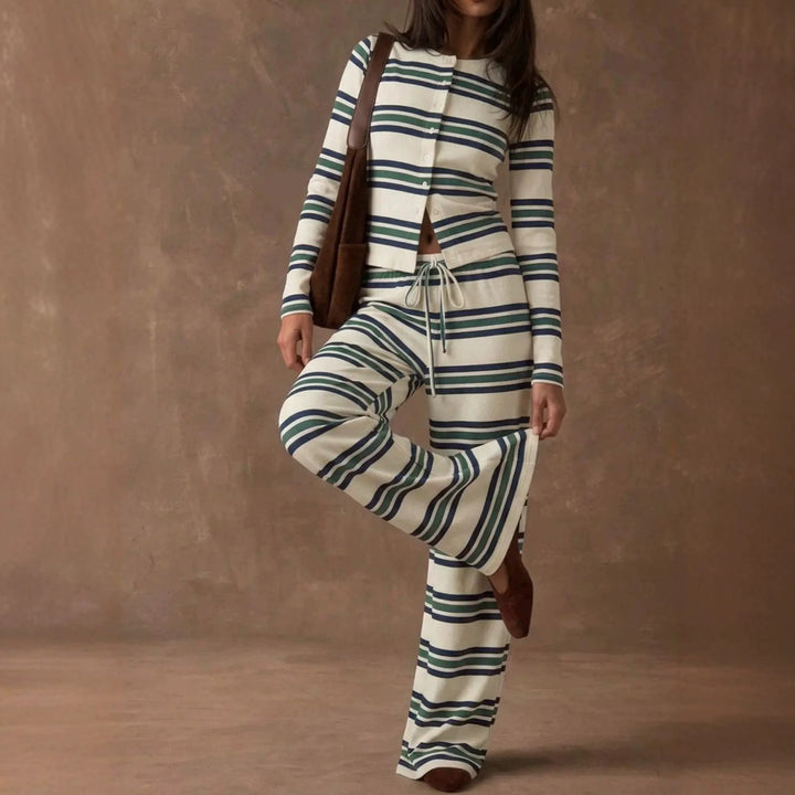 Damen Gestreiftes Strick-Lounge-Set mit tailliertem Knopfcardigan und weitem Palazzohose Drune