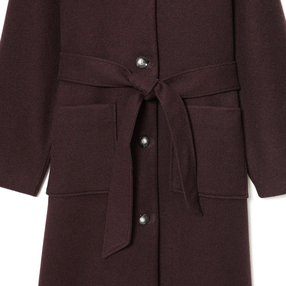 Damen nan langer Wollmantel mit Stehkragen, Druckknopfleiste, Bindegürtel und aufgesetzten Taschen Drune