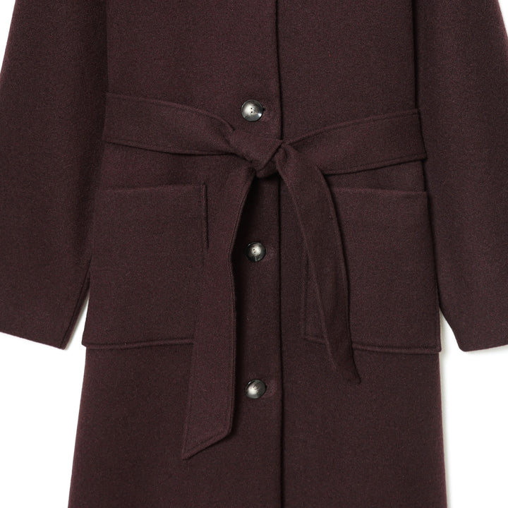 Damen nan langer Wollmantel mit Stehkragen, Druckknopfleiste, Bindegürtel und aufgesetzten Taschen Drune