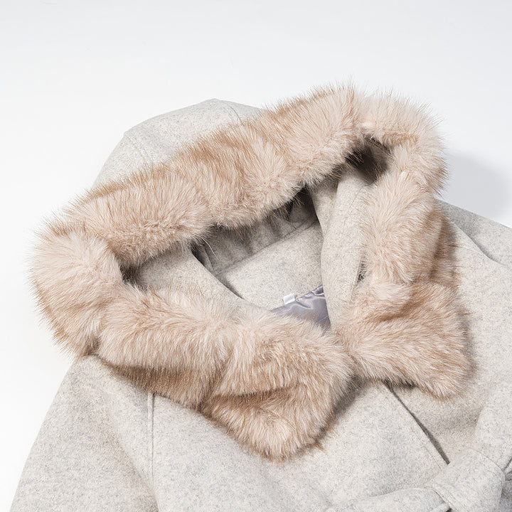 Damen nan Kapuzenmantel im Cape-Cut mit Kunstpelzkragen Bindegürtel und aufgesetzten Taschen Drune