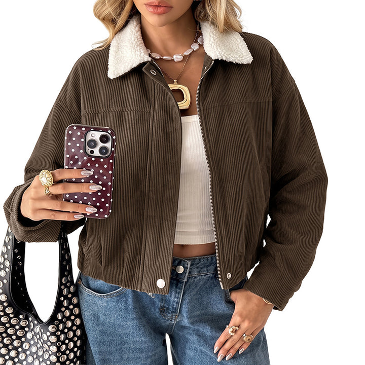 Damen Modische Cordjacke mit Fleecekragen Drune