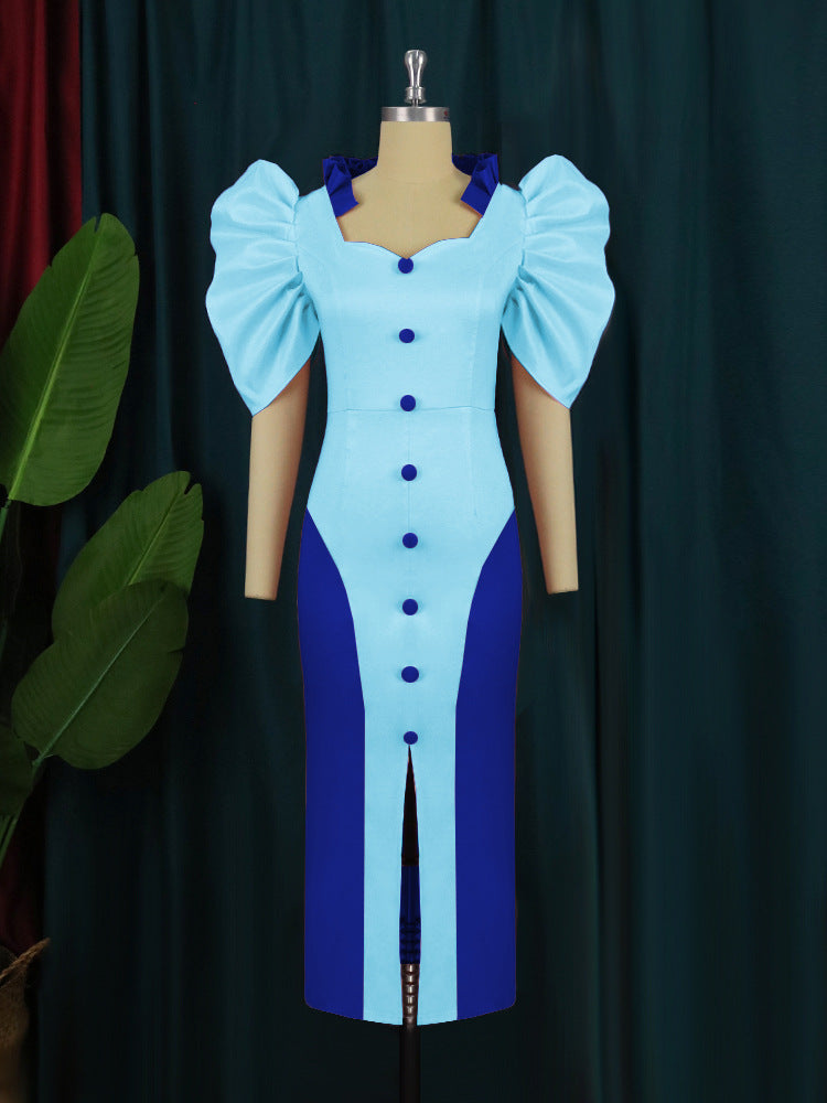 Damen Cocktailkleid mit voluminösen Puffärmeln und elegantem Schlitz Drune
