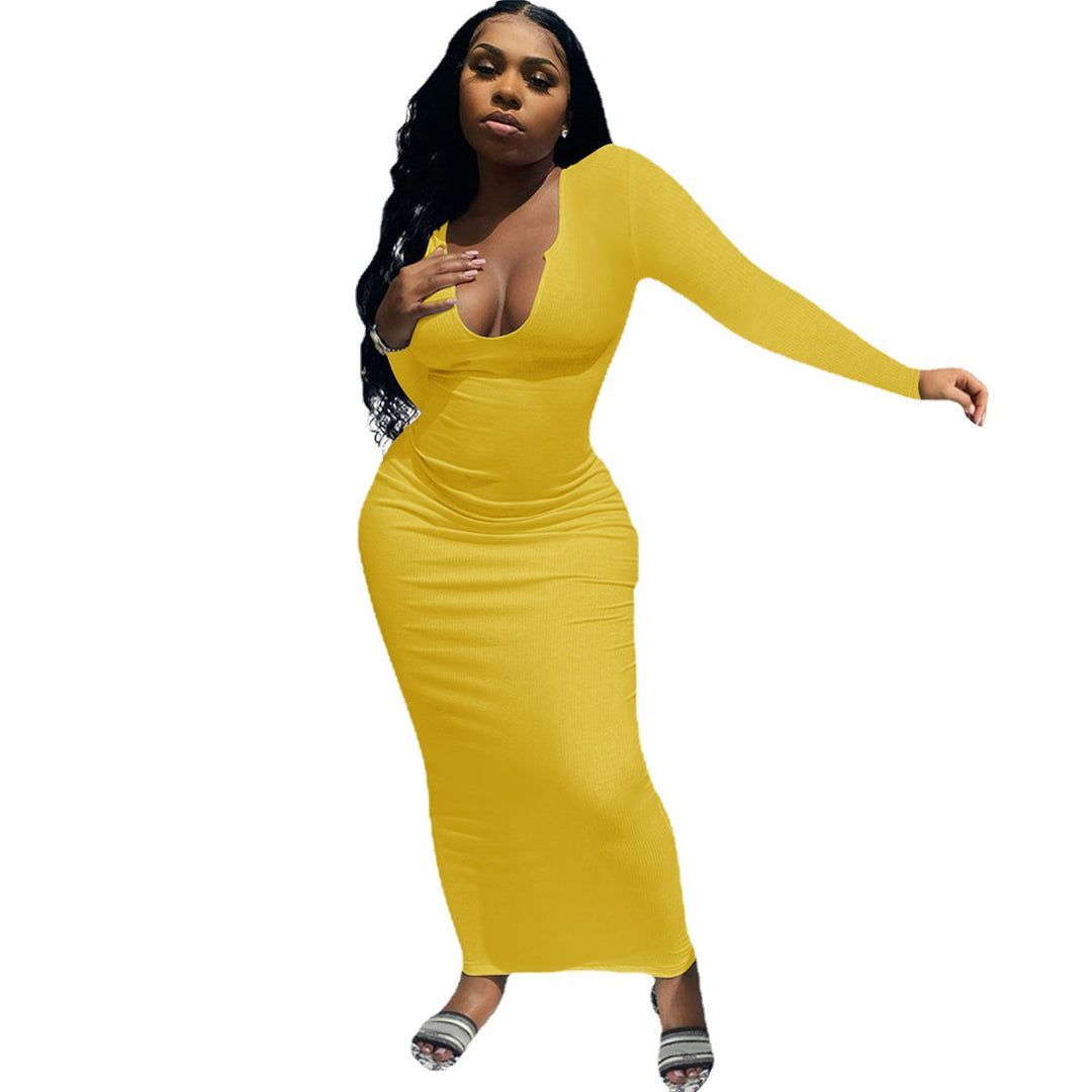 Damen Figurbetontes Rippenstrick-Maxikleid mit tiefem U-Ausschnitt und langen Ärmeln Drune