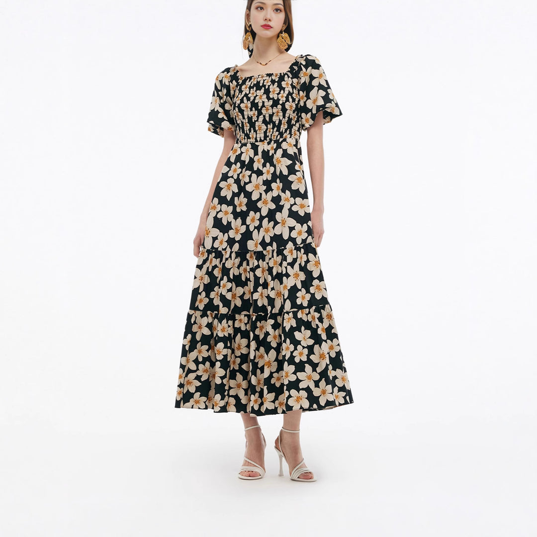 Damen Maxikleid mit voluminösem Rock und Blumenmuster Drune
