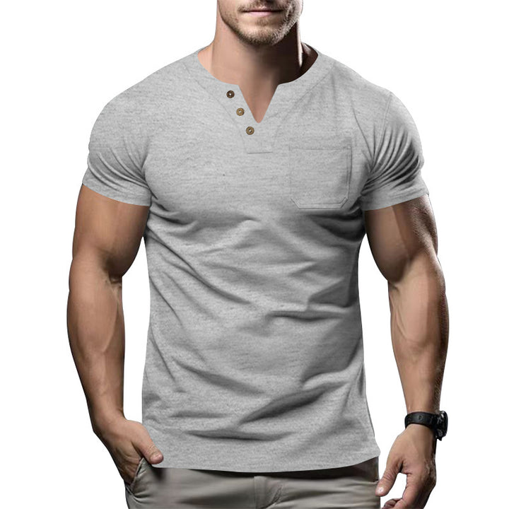 Herren nan tailliertes Kurzarm-Henleyshirt mit Brusttasche und asymmetrischer Knopfleiste Drune