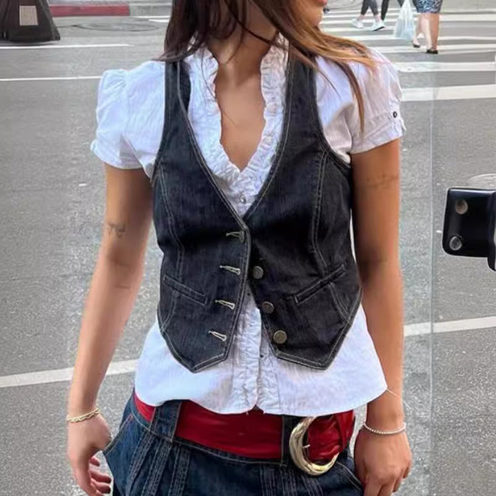 Damen Denim-Weste mit eleganten Knopfdetails und modernen Taschen Drune