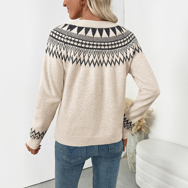 Damen Norweger-Statement Strickpullover mit Rundhalsausschnitt, Jacquard-Yoke und verlängerten Bündchen Drune