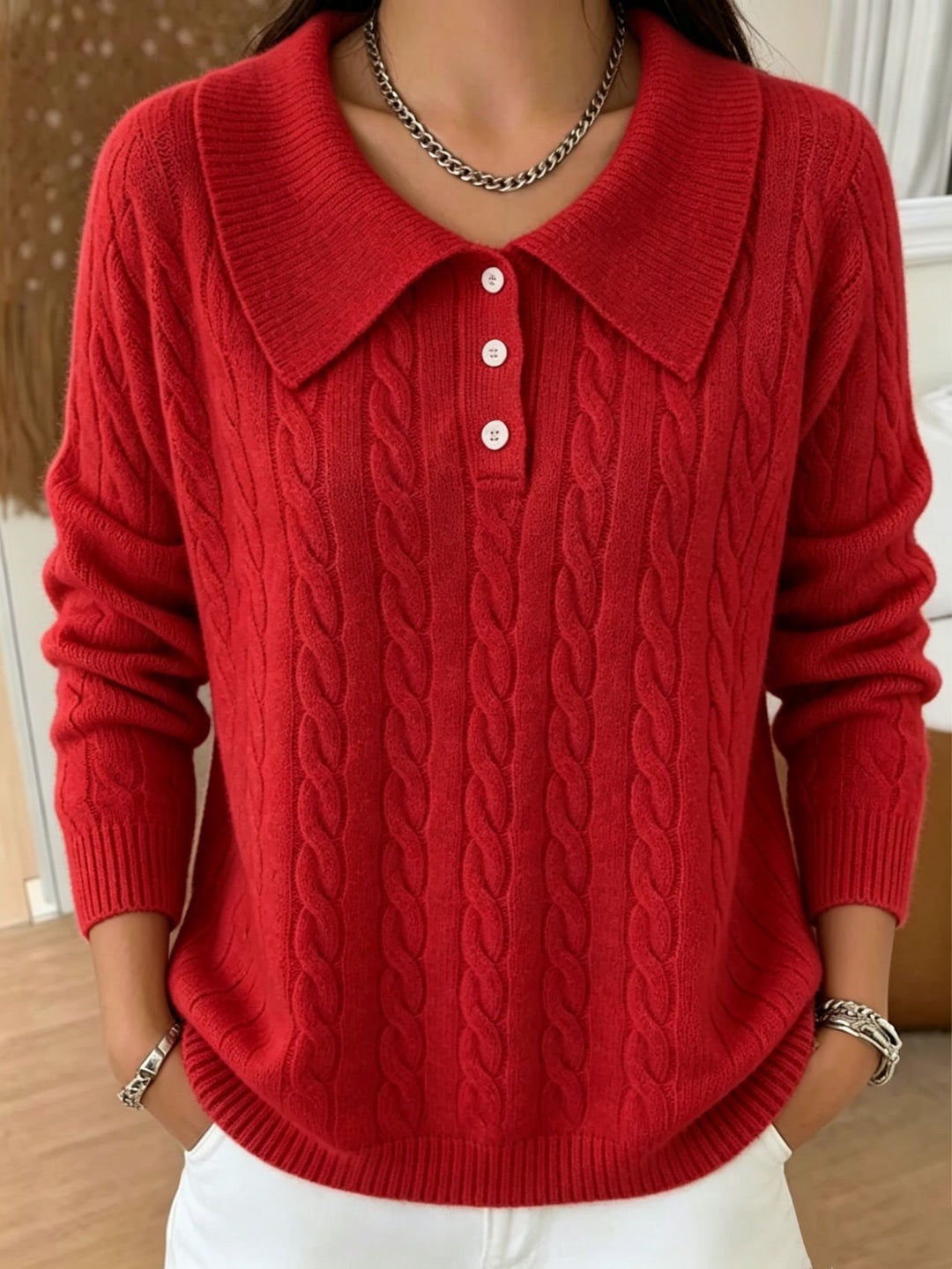 Damen Kabelstrick-Polo-Pullover mit großem Umlegekragen und lockerer Silhouette Drune
