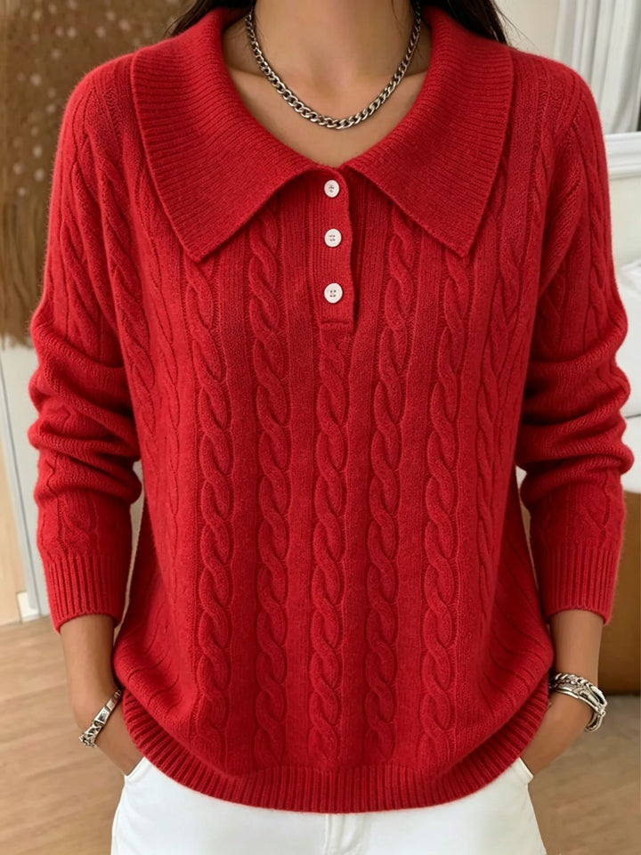 Damen Kabelstrick-Polo-Pullover mit großem Umlegekragen und lockerer Silhouette Drune
