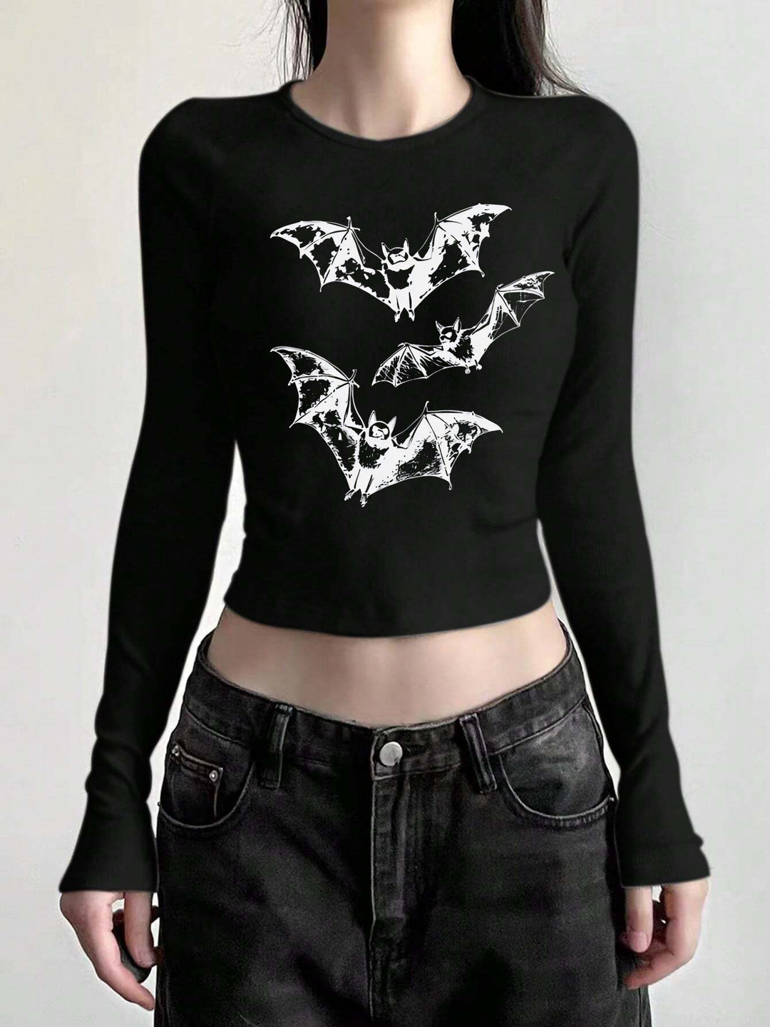 Damen nan figurbetontes Langarmshirt mit niedlichem Gänse-Print, Rundhalsausschnitt und leichtem Stretch Drune