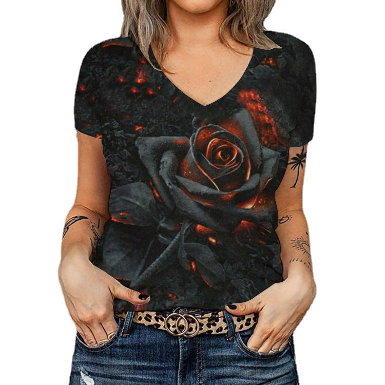 Damen V-Ausschnitt T-Shirt mit floralem Muster und Glitzerakzenten Drune