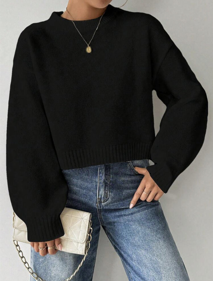 Damen Kurz-Cropped Pullover aus feinem Strick mit Ballonärmeln und geripptem Bund Drune