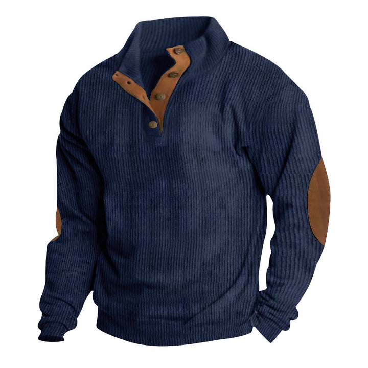 Herren Gerippter Henley-Pullover mit Stehkragen, Knopfleiste & Leder-Ellbogenpatches Drune