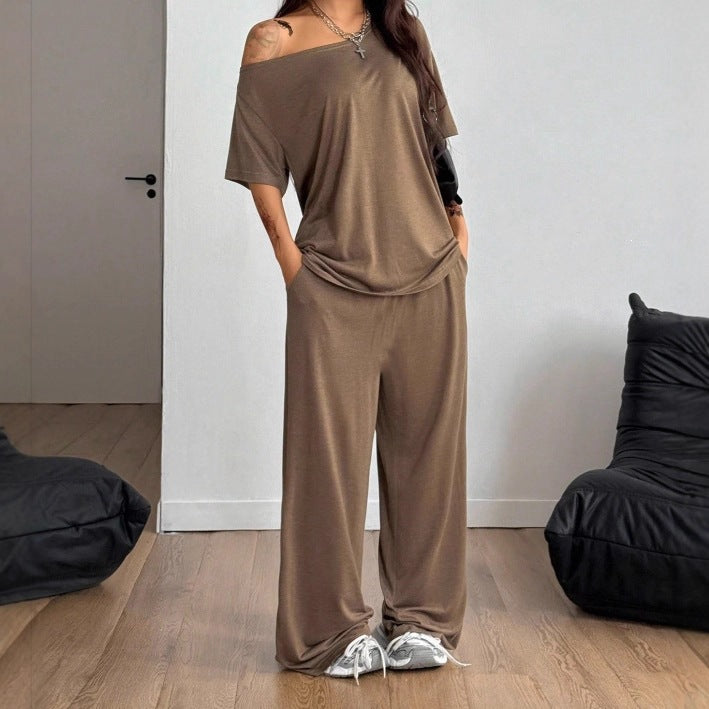 Damen Lässiges Lounge-Set aus weichem Jersey mit weiter Palazzohose und schulterfreiem Oversize-Top Drune