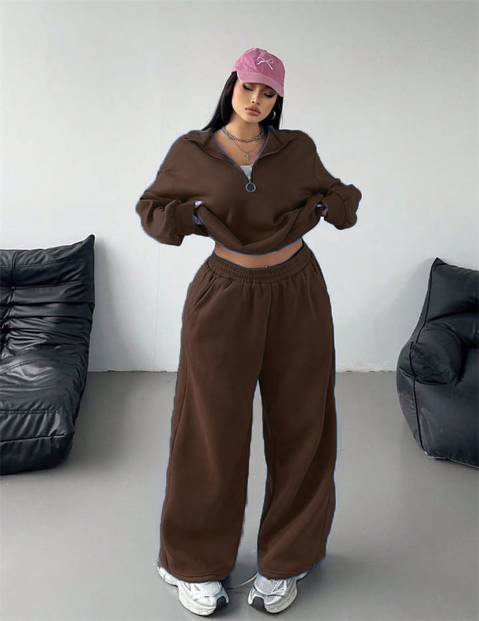 Damen Samt-Cropped-Ziphoodie und weit geschnittene High-Waist Palazzo-Jogginghose Drune