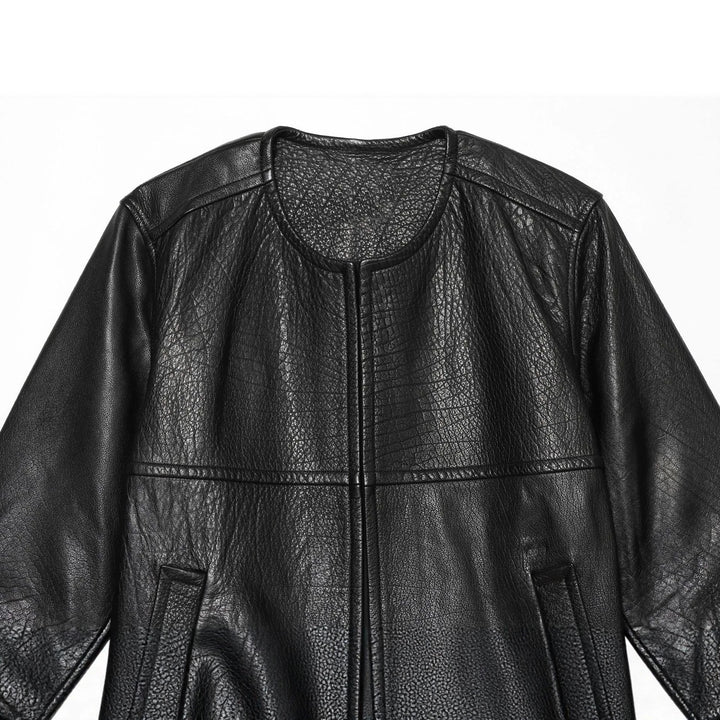 Damen Kurzarm-Lederimitatjacke mit Rundhalsausschnitt, geradem Schnitt und Eingrifftaschen Drune