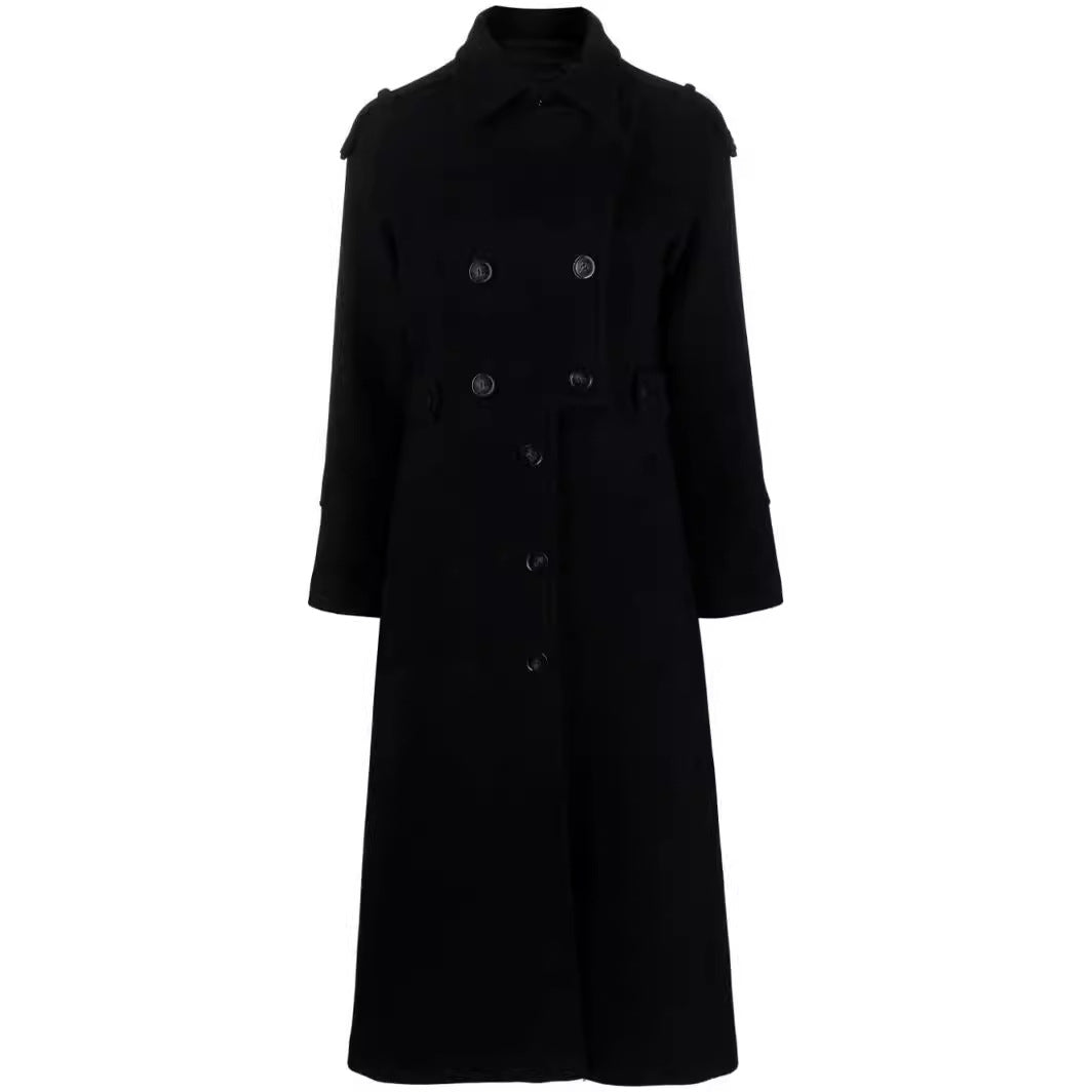Damen Bodenlanger Doppelreihiger Trenchcoat aus Wollmix mit Schulterpatten und verdecktem Taillengürtel Drune