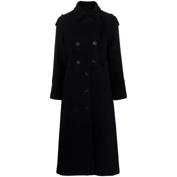 Damen Bodenlanger Doppelreihiger Trenchcoat aus Wollmix mit Schulterpatten und verdecktem Taillengürtel Drune