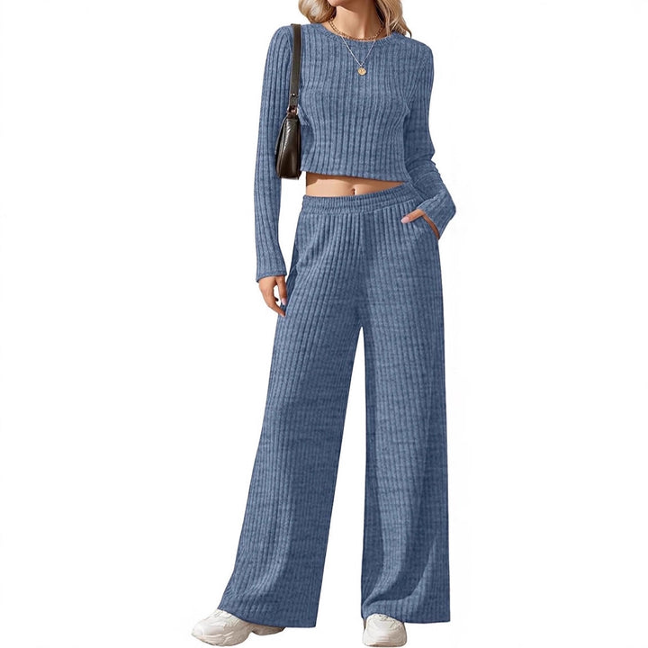 Damen Geripptes Feinstrick-Lounge-Set mit Cropped Langarmtop und High-Waist Palazzohose Drune
