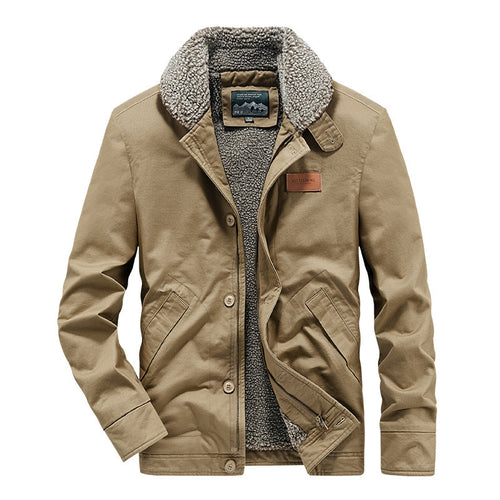 Herren kernige Canvas‑Workerjacke mit voluminösem Sherpa‑Innenfutter und hochschließendem Kragen Drune