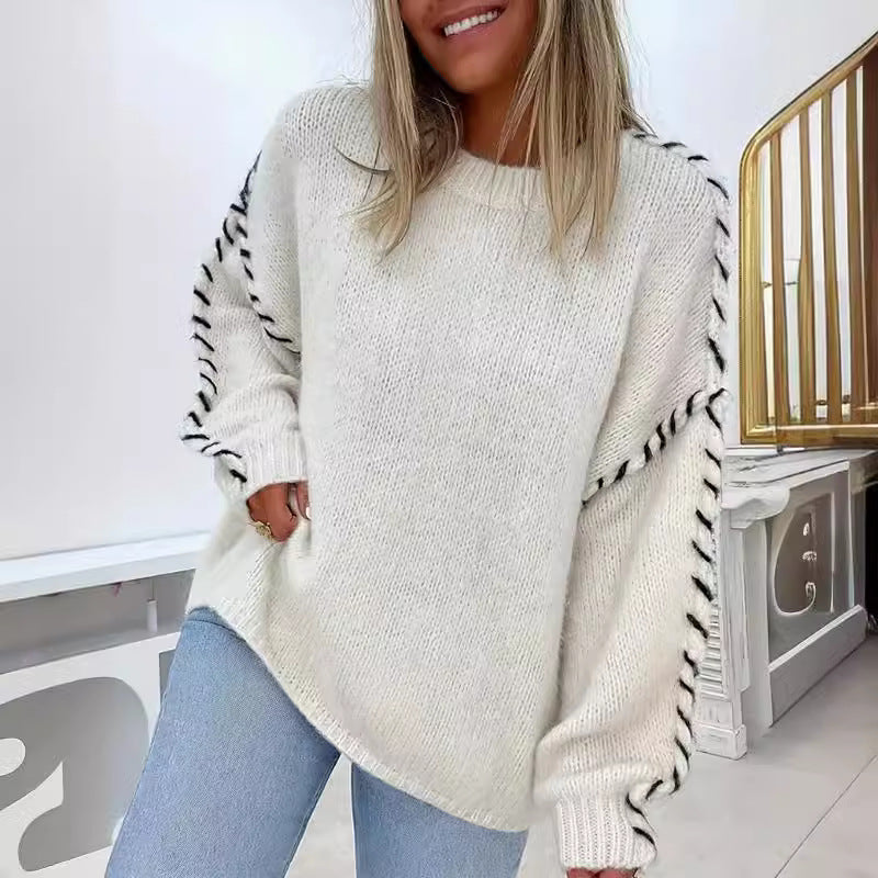Damen Grobstrickpullover mit kontrastierenden Abschlüssen und lässigem Schnitt Drune