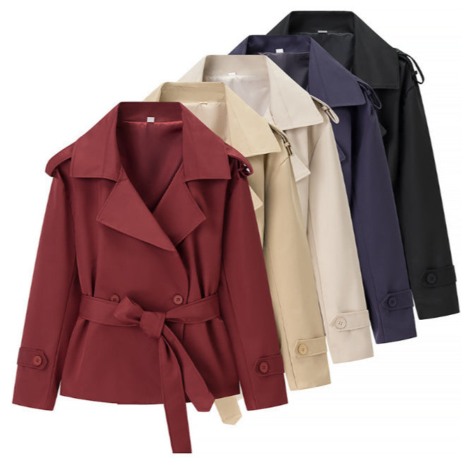 Damen Cropped-Trenchjacke mit doppelter Knopfleiste, Taillengürtel und Schulterriegeln Drune