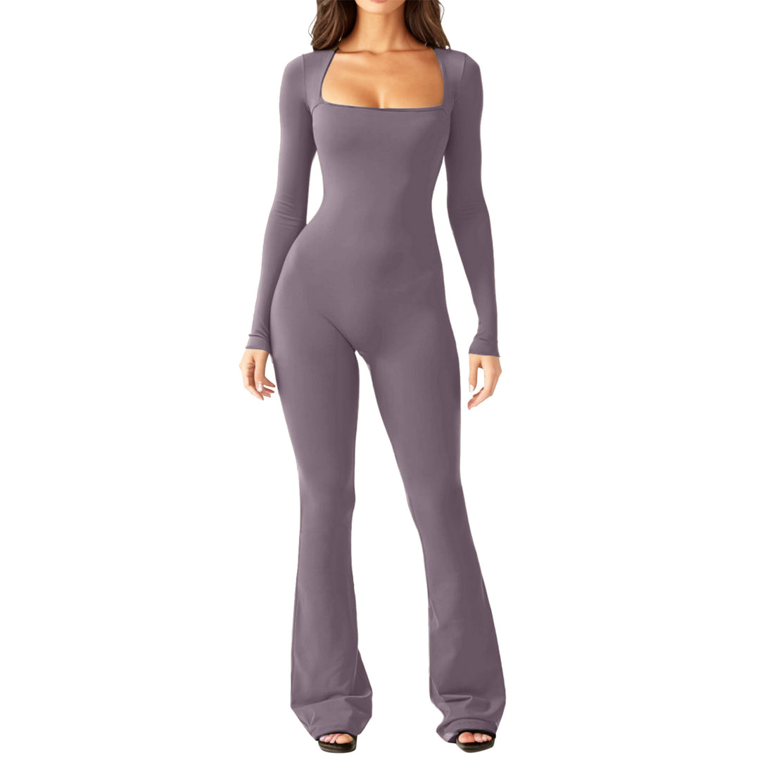 Damen figurbetontes Jumpsuit mit quadratischem Ausschnitt, langen Ärmeln und ausgestellt Bein Drune