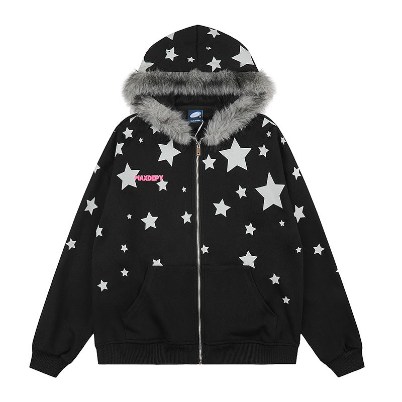 Damen Oversize Kapuzen‑Sweatjacke mit Sternen‑Allover, Kunstfellbesatz und durchgehendem Reißverschluss Drune