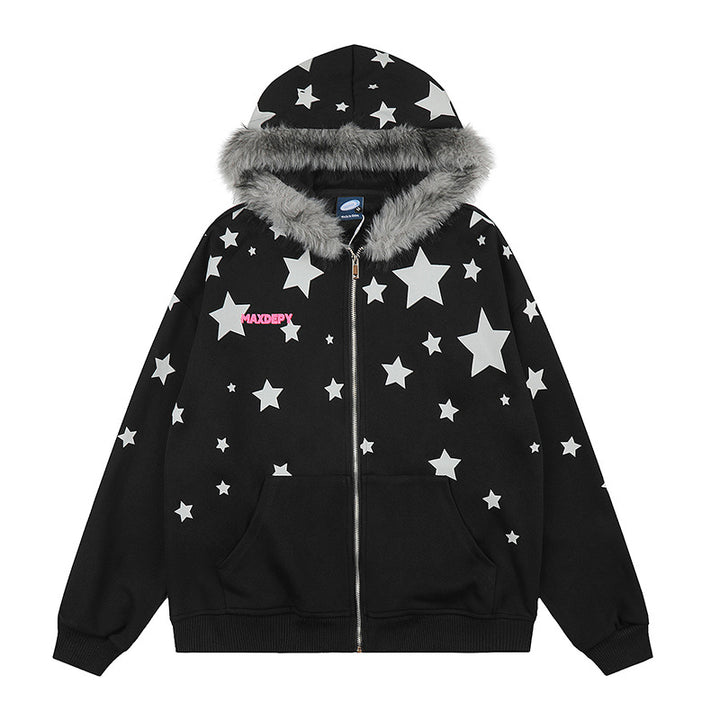 Damen Oversize Kapuzen‑Sweatjacke mit Sternen‑Allover, Kunstfellbesatz und durchgehendem Reißverschluss Drune