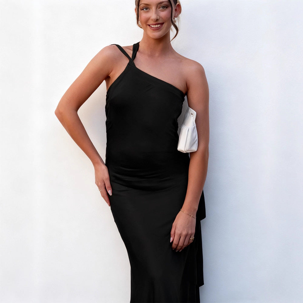 Damen elegantes Maxikleid mit asymmetrischem Halterdesign und schimmerndem Satin Drune