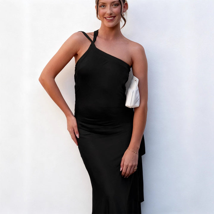 Damen elegantes Maxikleid mit asymmetrischem Halterdesign und schimmerndem Satin Drune