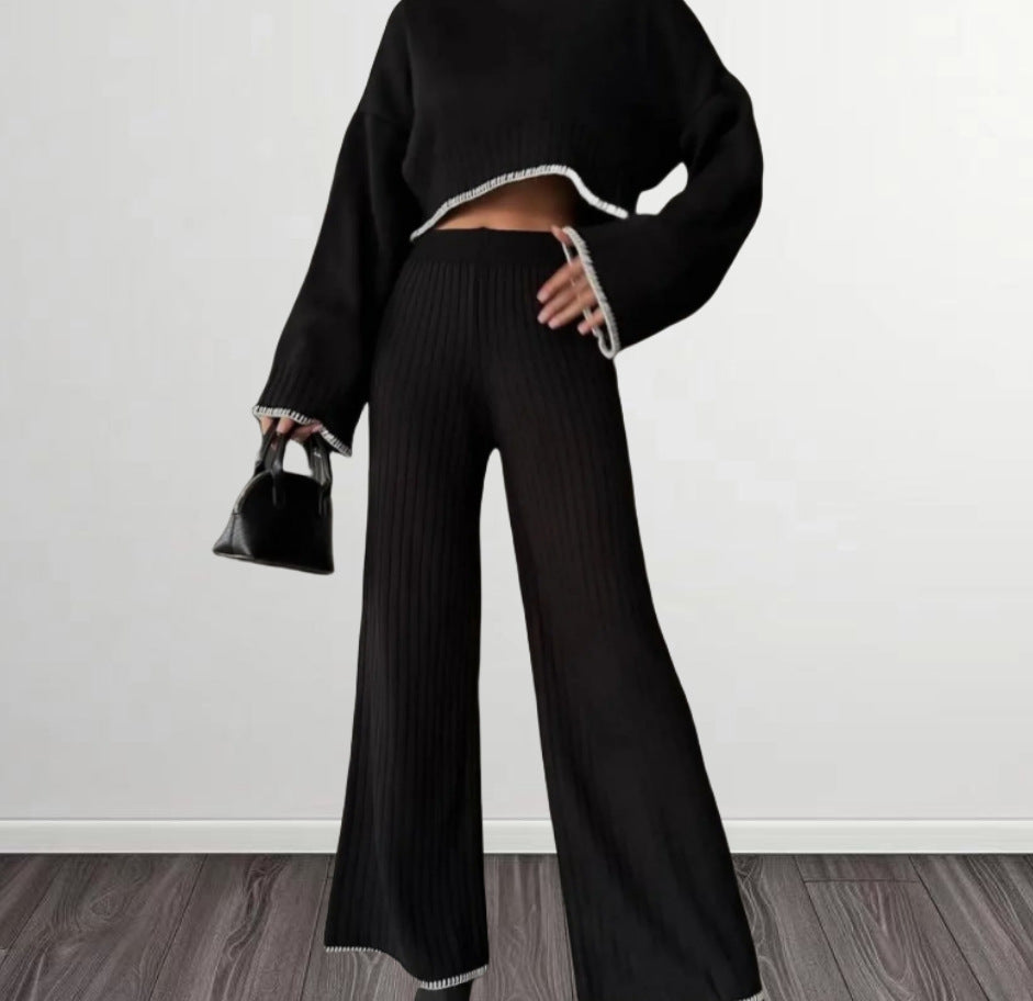 Damen elegantes Strickanzug mit weitem Bein und romantischen Ärmeln Drune